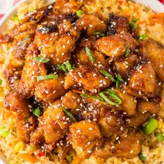 chicken and rice with sesame seeds in a white bowl on a red checkered table cloth