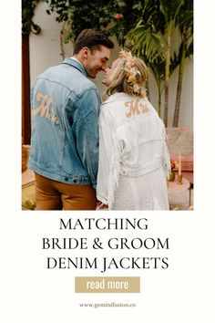 matching bride and groom denim jackets white fringe mr and mrs White Fringe Jacket, Boho Wedding Theme, Hi Love, I Got You Babe, Personalized Jacket, Boho Wedding Decor, Wedding Dress Boutiques, Boho Wedding Dresses, Bridal Jacket