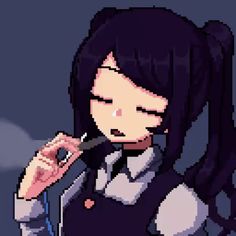 a girl with long black hair is brushing her teeth