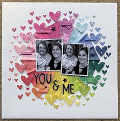 a card with hearts and the words you & me written on it in different colors