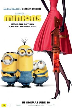 a woman in a red dress standing next to minion