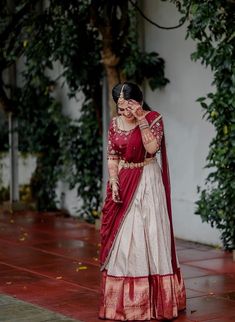 Lehengas Color Combination, South Indian Party Wear Dresses, Half Saree Lehenga For Engagement, South Indian Engagement Look, Indian Saree Draping Styles, Latest Half Sarees, Saree Lehenga Designs, Engagement Lehenga Indian, Fancy Half Sarees