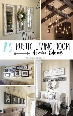 rustic living room decor ideas with pictures on the wall and lights hanging from the ceiling