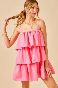 Pink Ruffle Dress With Layered Hem For Summer, Spring Ruffle Dress With Ruffled Straps For Day Out, Pink Ruffled Tiered Dress For Spring, Flirty Spring Tiered Dress, Flirty Tiered Dress For Spring, Tiered Ruffle Dress For Spring Brunch, Spring Ruffle Dress With Ruffled Skirt And Straps, Spring Ruffle Dress With Ruffled Straps And Hem, Spring Ruffle Dress With Layered Tiered Skirt