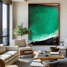 a living room filled with furniture and a large green painting on the wall above it