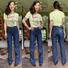 Are you a 70's denim lover? Wide leg? Dark wash? OH AND FROM DALLAS?! These might be the jeans for you.  Amazing 1970's ultra indigo wide leg high waisted jeans with DALLAS embroidered on the back pocket. By 'action west'.  Waist: 25" Hips: 34" Rise: 11" Inseam: 33" Model is 5'7" and 115 lbs with measurements of 30x23x33.  Buy with confidence as all photos are taken in natural lighting High-waisted Dark Wash Denim Wide Leg Pants, Retro Dark Wash Rigid Denim Jeans, Dark Wash Wide-leg Recycled Denim Pants, Retro Dark Wash Pre-washed Jeans, 1970s Full-length Denim Jeans, 70s Denim, High Waist Jeans, Dallas, 1970s