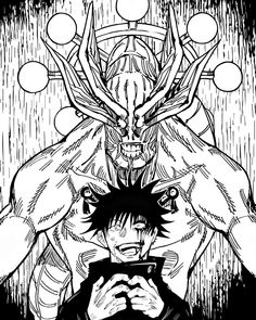 a black and white image of an anime character holding a cell phone in his hand