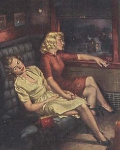 a painting of two women sitting next to each other on a train, looking at something in the distance