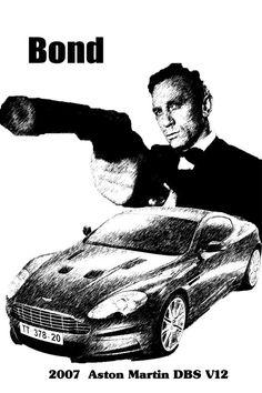 a drawing of a man in front of a car with the words bond on it