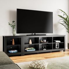 a flat screen tv sitting on top of a black entertainment center next to a green plant