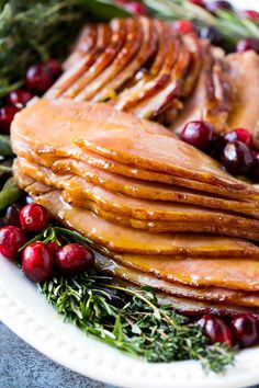 a white plate topped with sliced turkey and cranberries