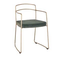 a chair with a metal frame and green cushion on the seat, against a white background