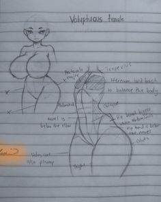 a drawing of a woman's torso and handwritten description on lined notebook paper