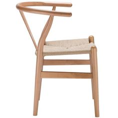 a wooden chair with a beige seat and armrests, on a white background