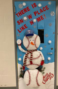 Baseball Snowman, Teachers Door, Christmas Snowman Classroom Door Ideas, Christmas Door School, Winter Door Decorations Classroom, Baseball Snowman, Christmas Sled Decoration, Sled Decor, Door Decorations Classroom Christmas, Holiday Door Decorations, Christmas Door Decorating Contest