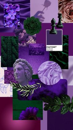 a collage of purple and green images with flowers, leaves, and chess pieces