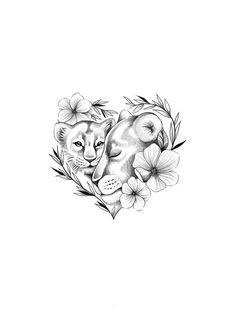 a black and white drawing of a cat with flowers in the shape of a heart