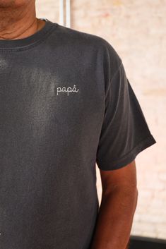 Papa, Abuelo, Tio, or personalize it! Vintage Gray tee/ ivory embroidry Unisex Fit Embroidery by JZD in Brownsville, TX Personalization details: Must be 12 characters or less (Letters and Numbers only- no special characters) If you are opting for personalization, please include the text (including any punctuation marks) in the notes section during the checkout process. Please double check spelling as well as desired use of lower and upper case letters. Custom orders are final sale due to the nat Basic Relaxed Fit Top With Custom Embroidery, Basic Cotton Tops With Custom Embroidery And Relaxed Fit, Black Cotton Tops With Machine Embroidery, Punctuation Marks, Grey Tee, Upper Case, Punctuation, Special Characters, Letters And Numbers