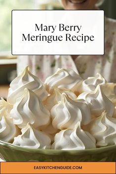 a bowl full of meringue with the title mary berry meinngue recipe