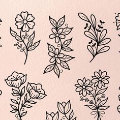 black and white flowers are drawn on a pink background with the words, flower designs