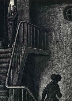 a black and white drawing of a person walking up stairs