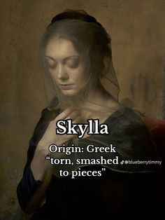 a woman with her eyes closed and the words skylla written in black on it