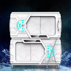 two futuristic white cabinets with blue lights on the front and back, against a background of snow covered mountains