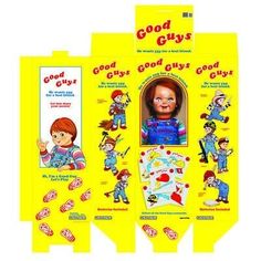 three children's good guys stickers are shown in front of a yellow background