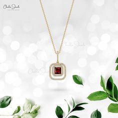 Description Elevate your style with the Square Dual Halo Pendant, featuring a stunning 6mm red garnet at its center, surrounded by sparkling diamond accents. Set in luxurious 14k gold, this pendant combines timeless elegance with modern flair, making it the perfect statement piece for any occasion. The gold chain shown in pictures is just for reference and display purpose, in order pendant comes with a COMPLIMENTARY 925 SILVER CHAIN. Product Details SKU CJ P 1401 G Metal 14K Solid Gold Closing m Pendant Diamond, Light Weight Jewelry, Tourmaline Pendant, Dainty Pendant, Halo Pendant, Double Halo, October Birthstone, Diamond Pendant Necklace, Handmade Pendant