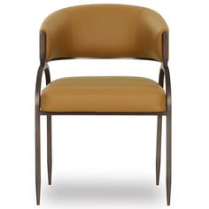 a tan leather chair with metal legs and armrests on an isolated white background