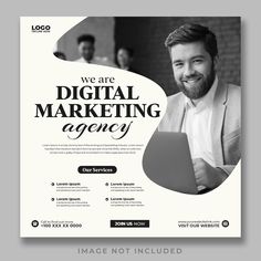 a flyer for a digital marketing company with a smiling man holding a laptop in front of him