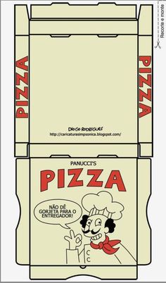 an open pizza box with the word pizza printed on it and a cartoon character inside