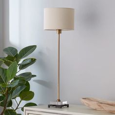 a lamp on a table next to a potted plant in a living room with white walls