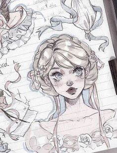 a drawing of a woman's face with flowers and ribbons around her head, on top of a notebook