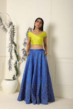 Lime Criss Cross Top with Royal Blue Skirt Set of 2 - Trendroots Royal Blue Combination Dress, Festive Long Party Skirt, Navratri Festive Party Wear Skirt, Festive Long Skirt Sets For Spring, Traditional Spring Lehenga Long Skirt, Festive Long Lehenga For Spring, Party Skirt With Self Design For Navratri, Festive Spring Sets With Long Skirt, Self-design Skirt Set For Party And Navratri