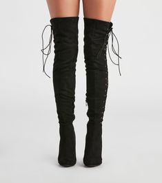 Steal the scene in these sassy over-the-knee boots featuring a trendy pointed-toe. stiletto heel. side bungee lace-up sides. and inner zipper closure. composed of smooth faux suede material. Complete the look in a short dress for a night on the town!Fit & Features Pointed-toe Stiletto heel Side bungee lace-ups Inner zipper closure Over-the-knee shaft length Faux suede material Runs true to size My Scene, Knee Length Boots, Ribbed Mini Dress, Suede Material, The Scene, Stiletto Heel, Over The Knee Boots, Over The Knee, Short Dress