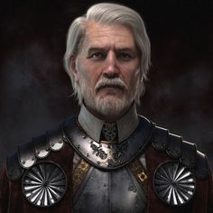 an older man with white hair and beard wearing armor in front of a dark background