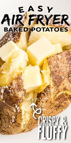 a close up of a baked potato on a plate with text overlay that reads easy air fryer baked potatoes