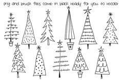 hand drawn christmas trees with the words, merry and bright comes in more heavy for you to