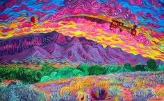 an abstract painting of mountains and clouds in the sky with colorful colors, including pinks, oranges, yellows, and green