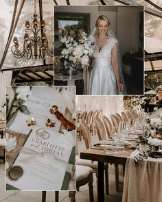 a collage of photos showing the bride and groom's wedding day details in their reception room