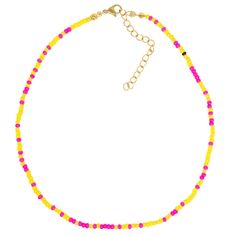 3mm yellow and hot pink seed bead no custom sizes 3 inch extender Adjustable Yellow Single Strand Beaded Necklaces, Adjustable Yellow Single Strand Beaded Necklace, Adjustable Single Strand Yellow Beaded Necklaces, Adjustable Single Strand Yellow Beaded Necklace, Yellow Single Strand Beads For Gifts, Adjustable Yellow Beaded Bracelets With Beaded Chain, Yellow Tiny Beads Necklace For Beach, Adjustable Yellow Beaded Bracelet, Yellow Beach Necklace With Spacer Beads