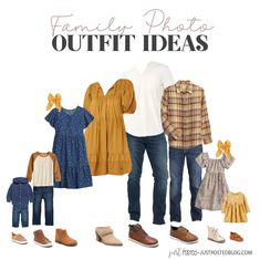 a man standing in front of an assortment of clothes and shoes with the words family photo outfit ideas