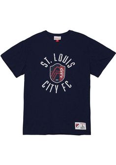 Support your St Louis City SC in this Navy Blue Short Sleeve Fashion Tee! This LEGENDARY SLUB TEE Fashion T Shirt features a screem printed team graphic. Be ready to shout "Go City SC!" when you wear this STL City SC Short Sleeve Fashion T Shirt in the stadium or on the street. Navy Collegiate T-shirt With Letter Print, Sporty Crew Neck T-shirt With Letter Print, Front Print Cotton T-shirt For Fan Gear, Cotton T-shirt With Front Print For Fans, Navy Graphic Print Fan Apparel Top, Team Spirit Graphic Print Crew T-shirt, Varsity Blue T-shirt With Text Print, Blue Varsity T-shirt With Text Print, Navy Casual Top With Team Name