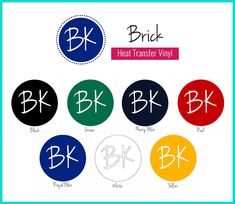 six different colored buttons with the letters bk and dk in each one on them