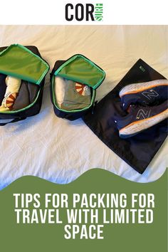 two backpacks sitting on top of a bed with the words tips for packing for travel with limited space