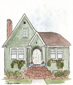 a drawing of a green house with steps leading to the front door