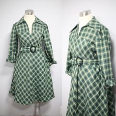 "Beautiful 60's/70's dress with green plaid pattern, angled collar and A-line silhouette. You'll feel groovy and sophisticated at the same time wearing this gorgeous piece.  This dress has a cute 'v' neckline at the top and the thick circular green belt is the statement piece of the dress.  This knee-length dress has a three-quarter sleeve with a thick cuff and shows off curves with a thick knit vintage fabric. No maker label or tag, Great vintage condition! Measurements, Bust: 34\" Waist/Belt: Check Dress Outfit, 1960s Outfit, 70's Dress, Black Lace Blouse, Green Belt, Fall Dress Outfit, 1970s Dresses, 60s Mod, Fall Dress