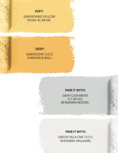 four shades of yellow and white paint with the names of different colors in each one