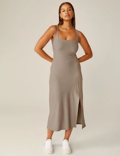 Featherweight Getaway Dress | Beyond Yoga Midi Dress With Square Neck For Day Out, Casual Maxi Dress With Square Neck For Date Night, Solid Color Square Neck Midi Dress For Day Out, Casual Square Neck Maxi Dress For Date Night, Fitted Midi Dress With Straight Neckline And Side Slits, Fitted Midi Dress With Side Slits For Day Out, Casual Midi Dress With Straight Neckline For Daywear, Chic Fall Midi Dress With Straight Neckline, Midi Length Loungewear Dress With Side Slits